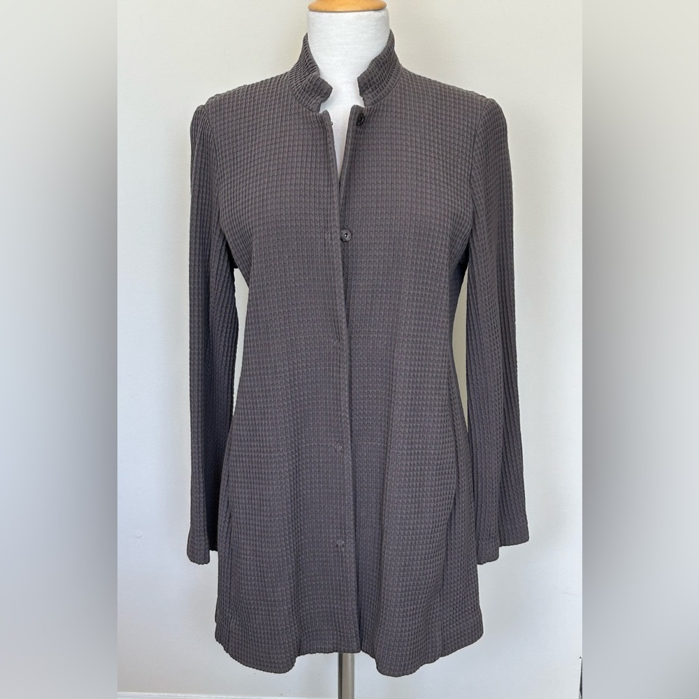 Eileen Fisher Shacket Coat Waffle Knit with stand collar - Siz M Greyish Hue